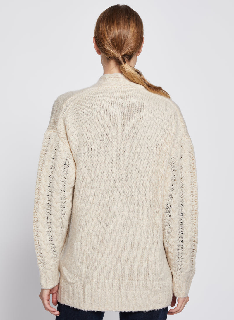 Cableknit Sleeve Cardigan in Cream-back view