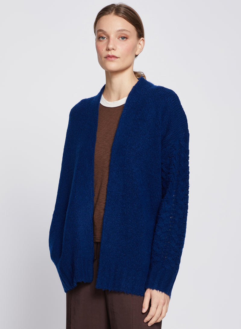 Cableknit Sleeve Cardigan in New Navy-3/4 front