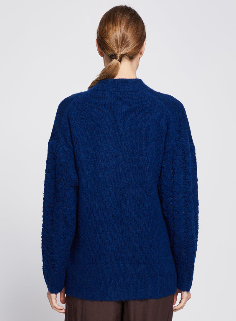 Cableknit Sleeve Cardigan in New Navy-back view