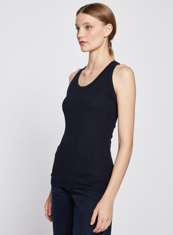 2x1 Fine Rib Scoop Neck Racerback Tank in Black-half side view