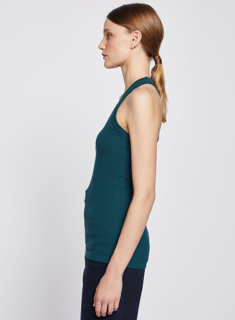 2x1 Fine Rib Scoop Neck Racerback Tank in Evergreen
Info
-side view 