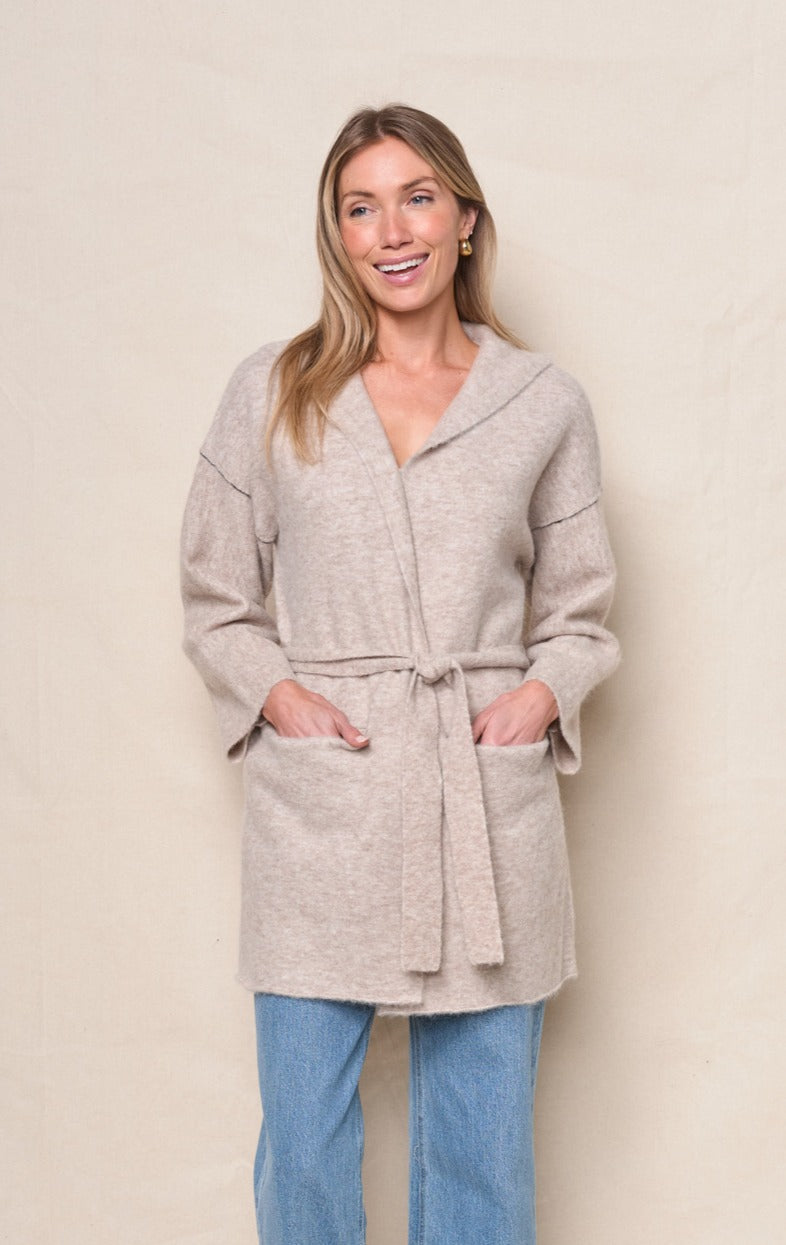 Belted Hooded Cardigan Sweater in Oatmeal Heather