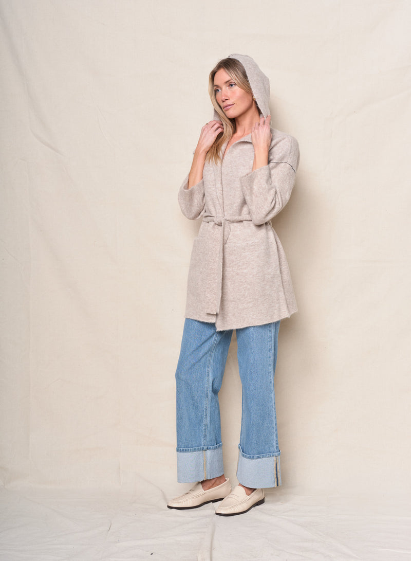 Belted Hooded Cardigan Sweater in Oatmeal Heather
