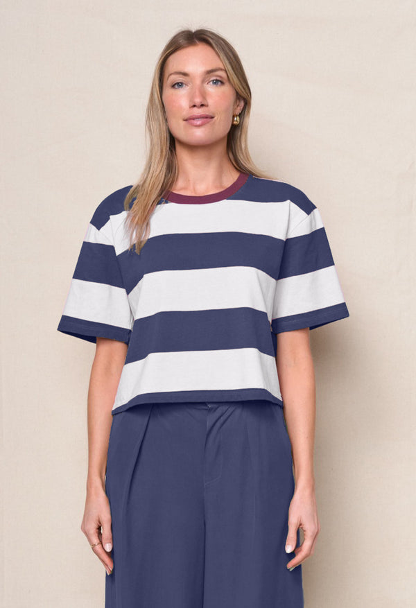 Wide Stripe Pique Short Sleeve Boxy Crew in New Navy/Cream