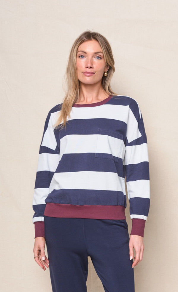 Wide Stripe Pique Oversized Sweatshirt Tee in New Navy/Cream