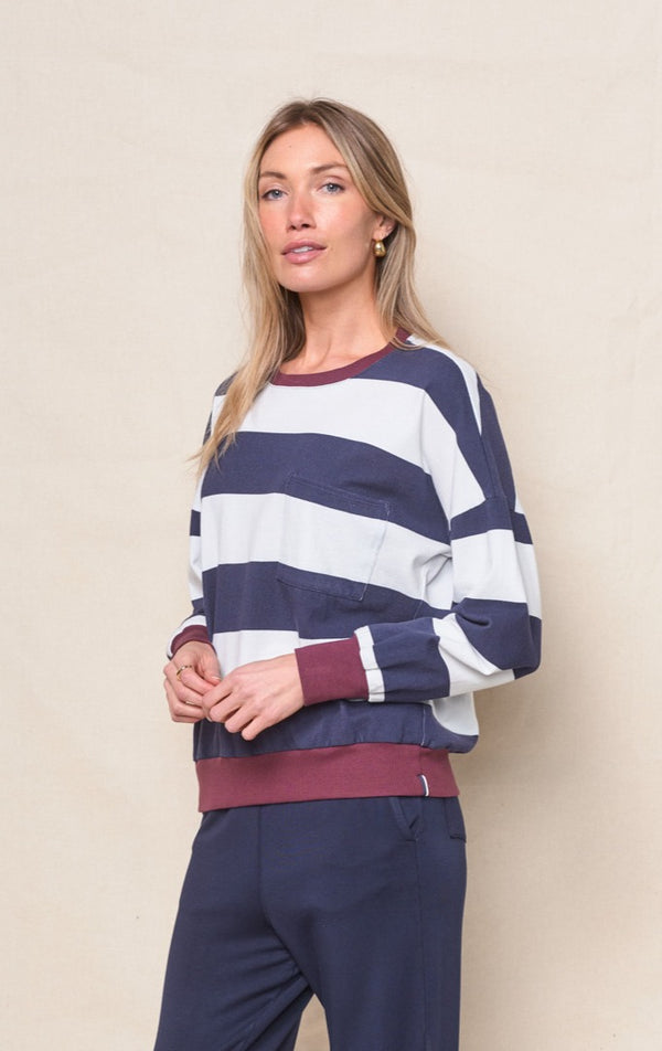 Wide Stripe Pique Oversized Sweatshirt Tee in New Navy/Cream