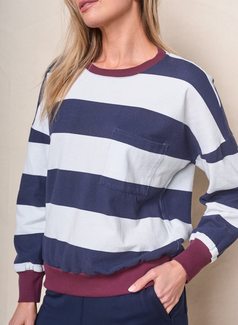 Wide Stripe Pique Oversized Sweatshirt Tee in New Navy/Cream