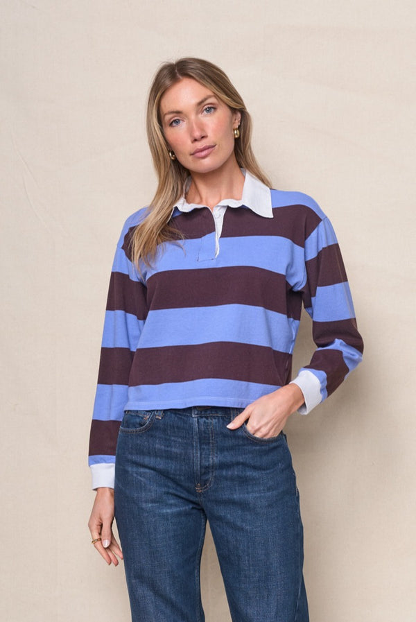 Wide Stripe Pique Cropped Polo in Cabernet/Blue Topaz