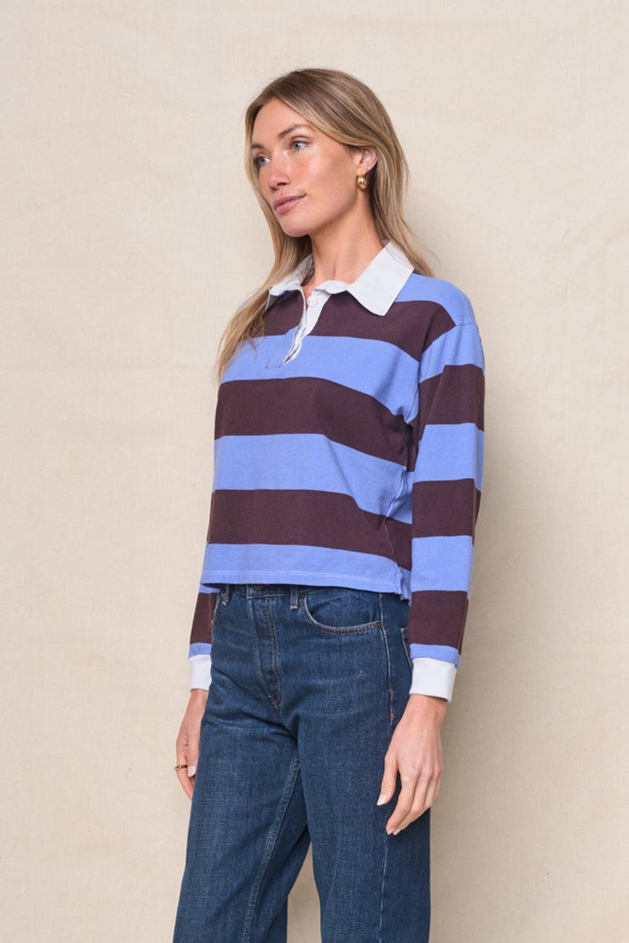Wide Stripe Pique Cropped Polo in Cabernet/Blue Topaz
