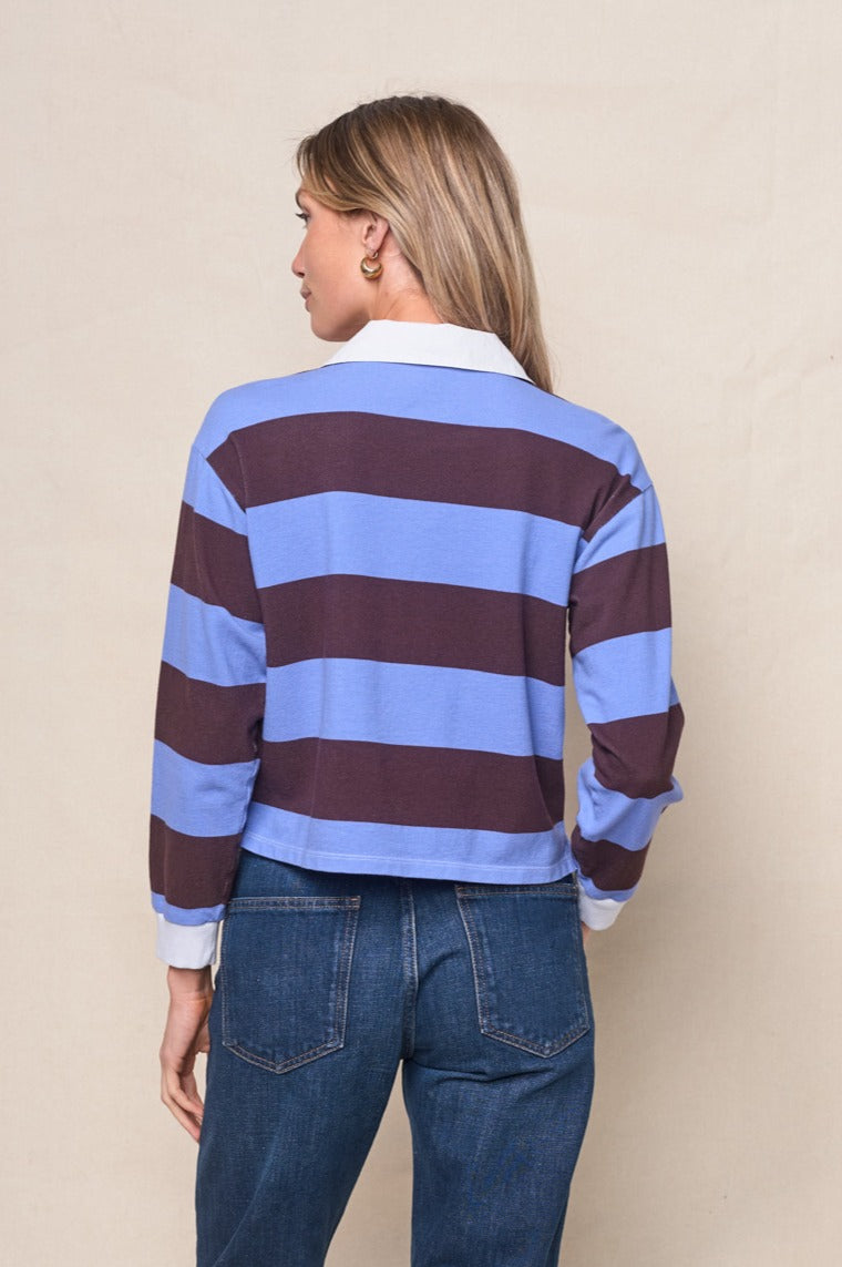 Wide Stripe Pique Cropped Polo in Cabernet/Blue Topaz