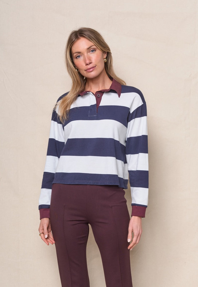 Wide Stripe Pique Cropped Polo in New Navy/Cream