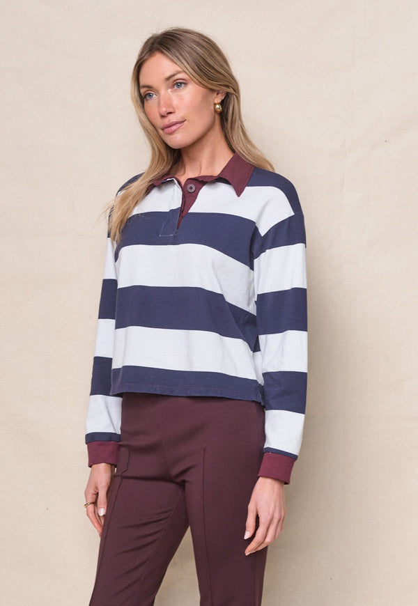 Wide Stripe Pique Cropped Polo in New Navy/Cream