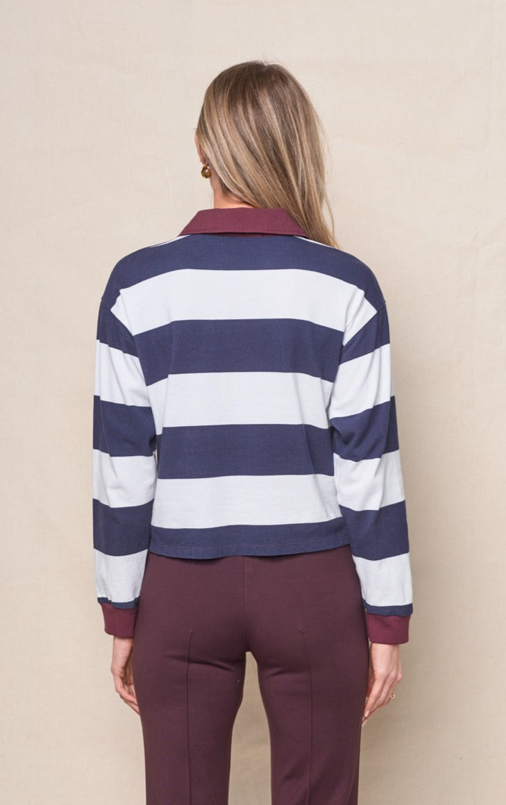 Wide Stripe Pique Cropped Polo in New Navy/Cream
