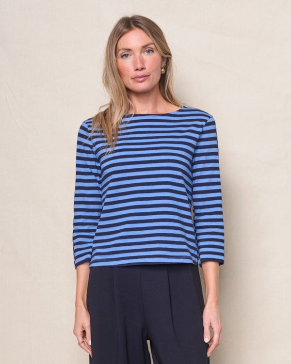 Preppy Stripe 3/4 Sleeve Boatneck Top in Blue Topaz