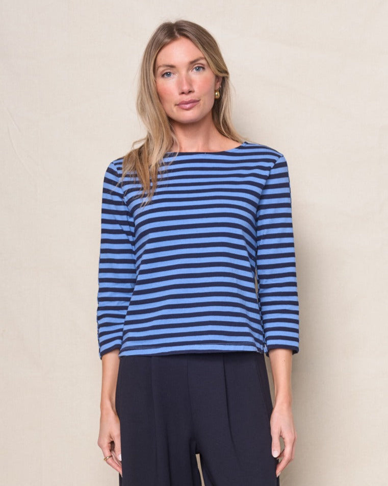 Preppy Stripe 3/4 Sleeve Boatneck Top in Blue Topaz