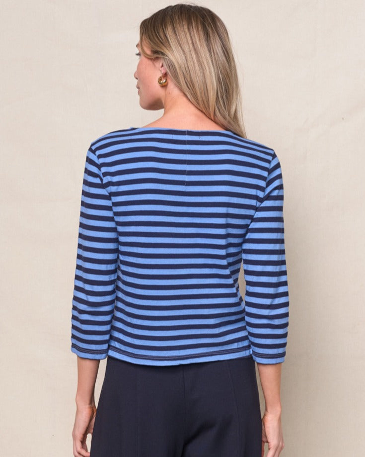 Preppy Stripe 3/4 Sleeve Boatneck Top in Blue Topaz