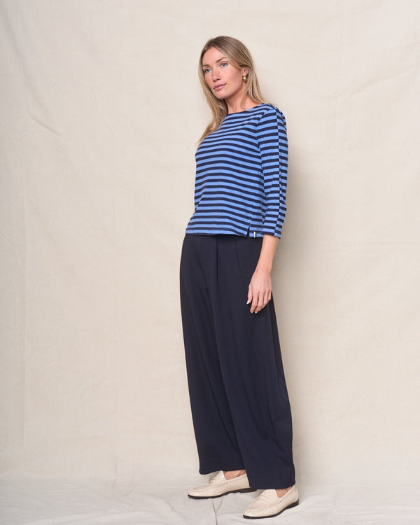 Preppy Stripe 3/4 Sleeve Boatneck Top in Blue Topaz