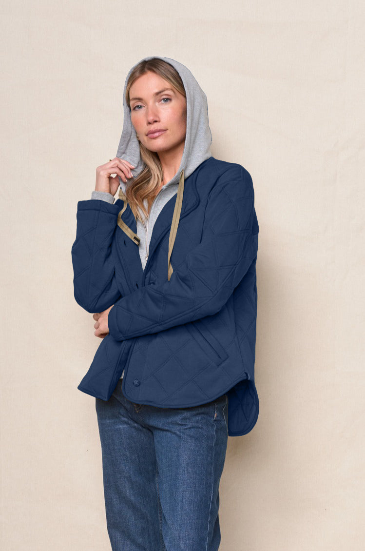 Quilted Hooded Jacket in New Navy