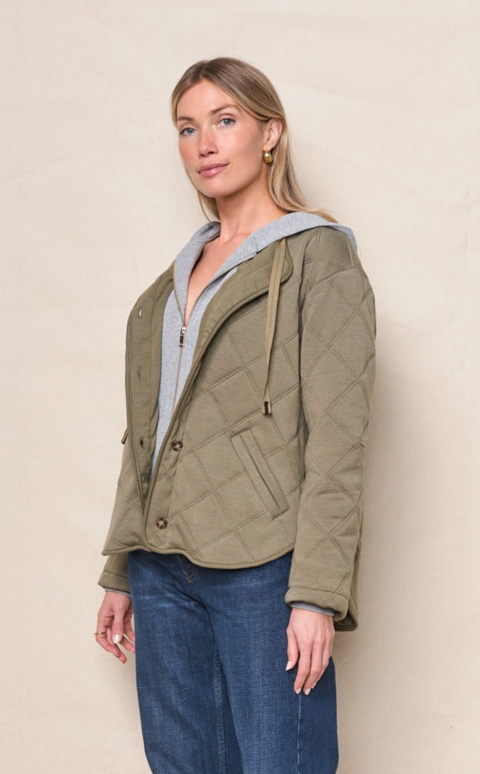 Quilted Hooded Jacket in Thyme