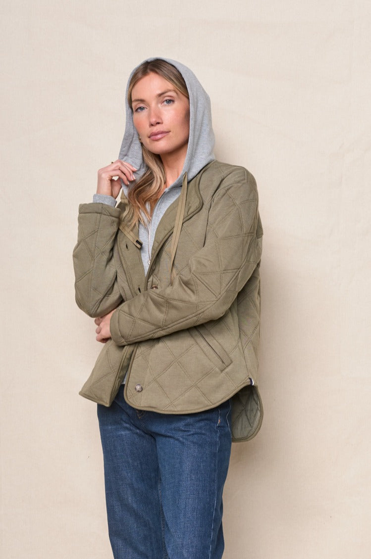 Quilted Hooded Jacket in Thyme