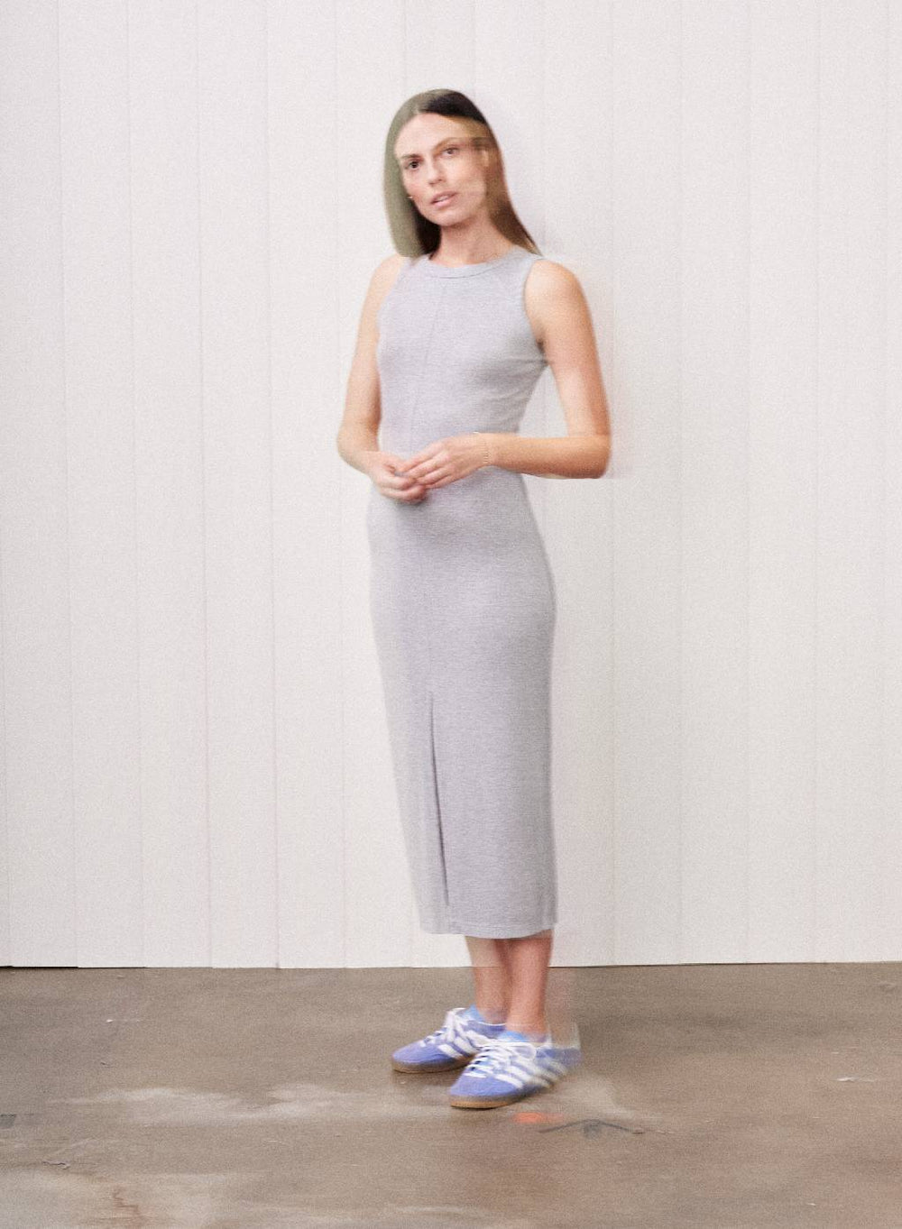 ribbed dress Fine 2X1 Rib Front Slit Midi Dress in Heather Grey – shopstateside.us