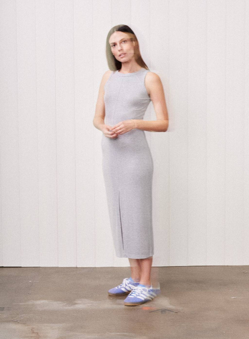 ribbed midi dress with split Ribbed Bodycon Midi Dress: Long Sleeve Split Thigh - Fall Winter