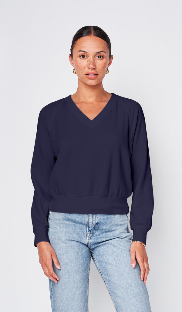 Softest Fleece Raglan V-Neck Pullover in New Navy