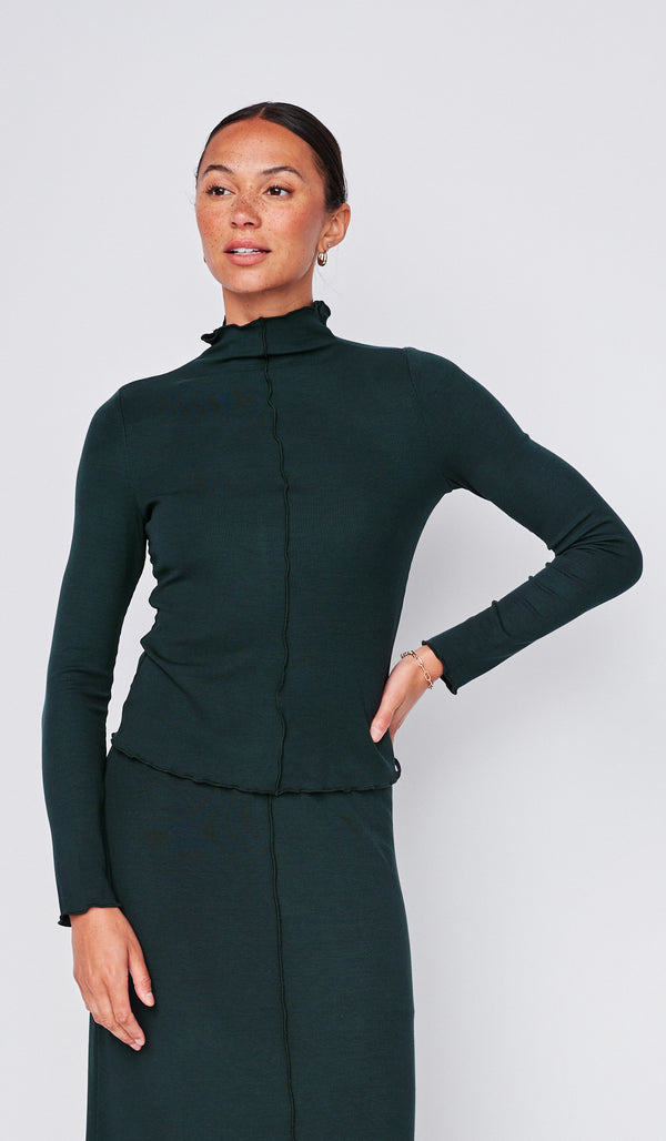 Fine 2X1 Rib Long Sleeve Mock Neck & Fine 2X1 Rib A-Line Maxi Skirt in Everfall
