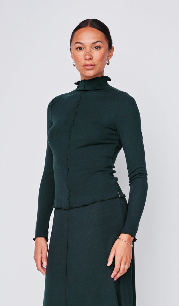 Fine 2X1 Rib Long Sleeve Mock Neck & Fine 2X1 Rib A-Line Maxi Skirt in Everfall