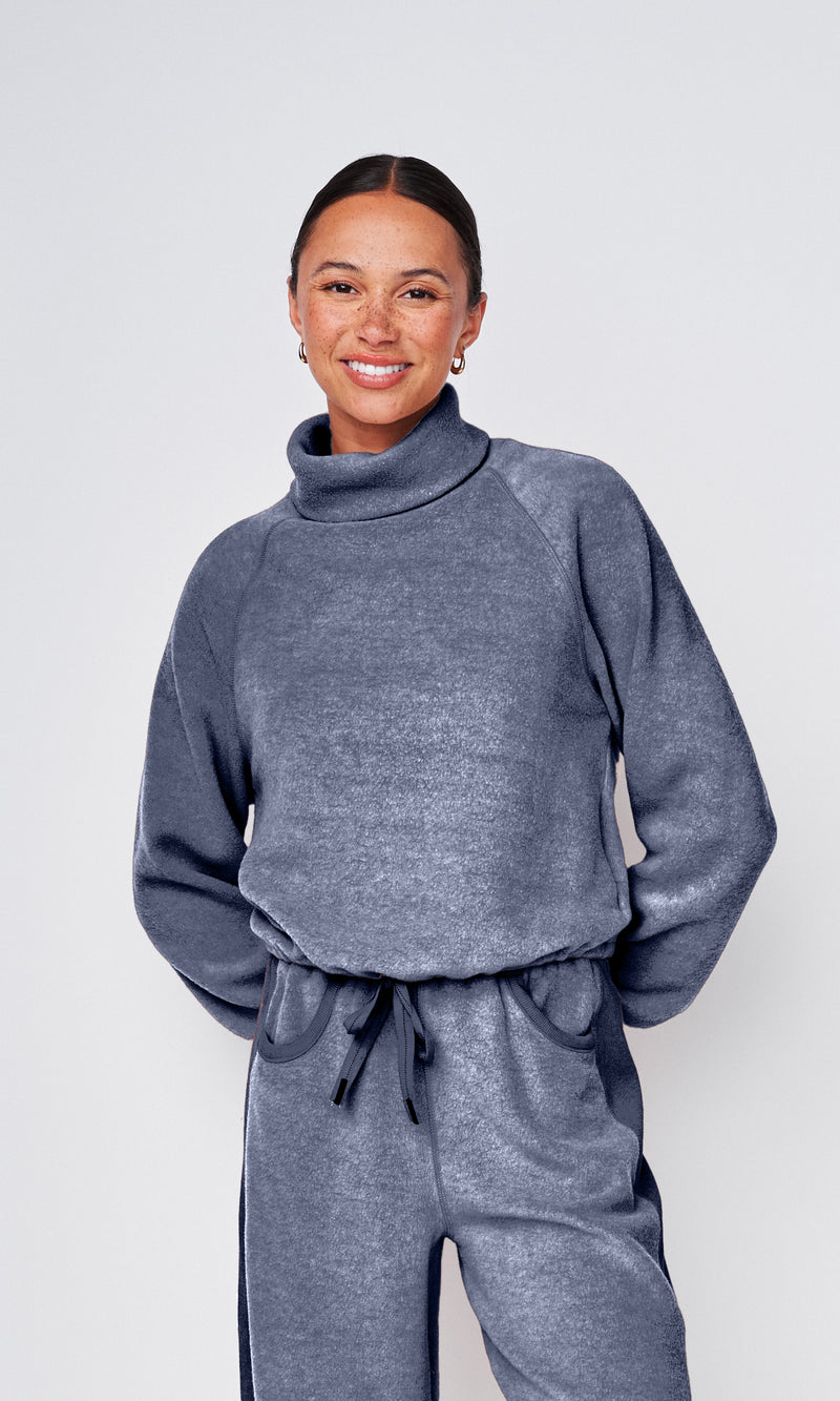 Plush Fleece Funnel Neck Pullover in New Navy