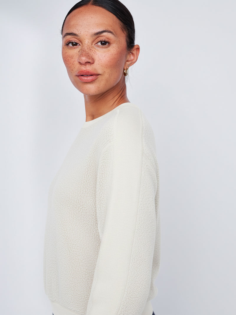 Plush Fleece Crewneck Pullover in Cream