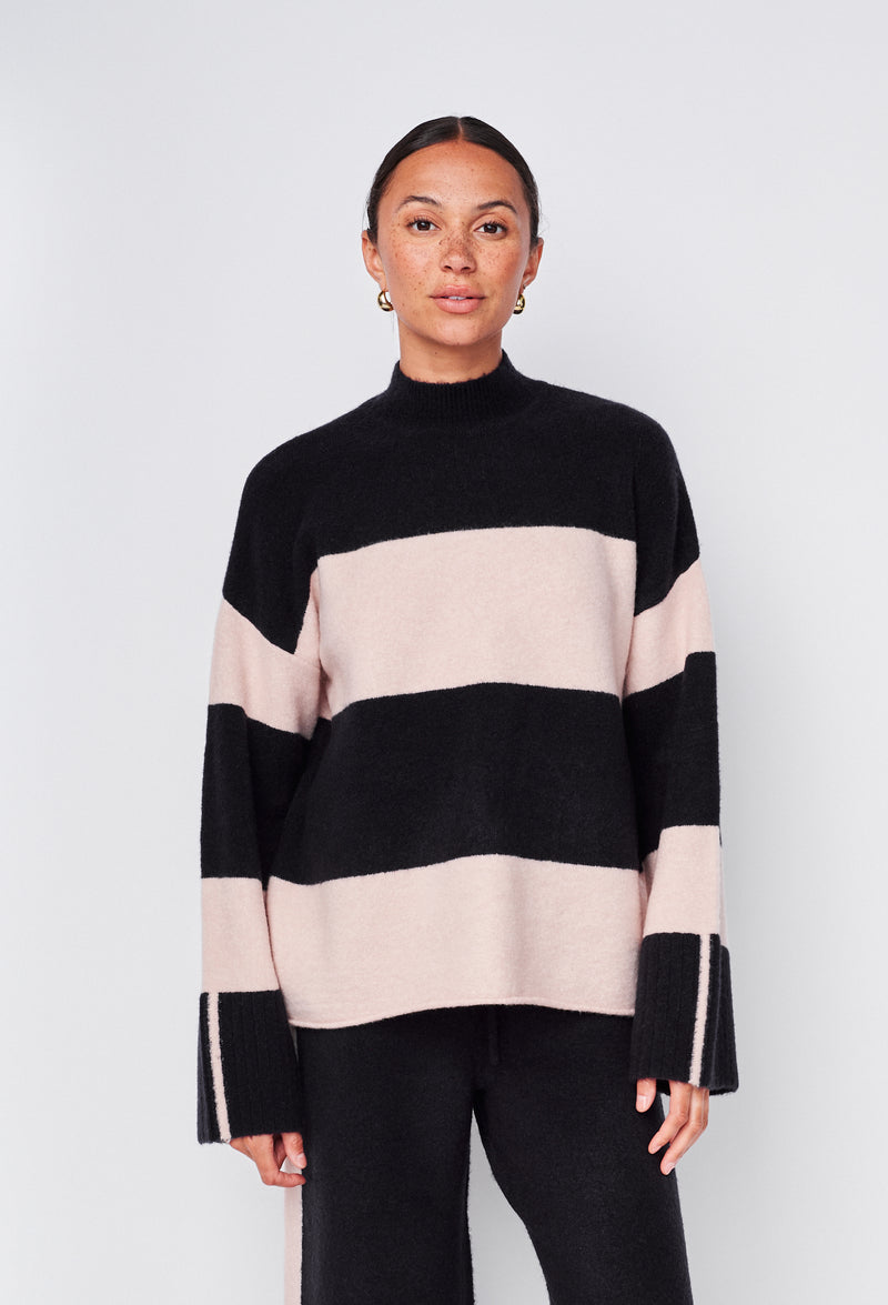 Wide Stripe Mock Neck Sweater in New Navy/Tutu