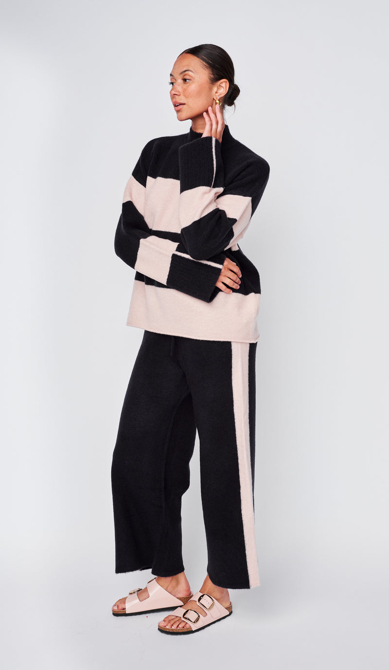 Wide Stripe Mock Neck Sweater in New Navy/Tutu