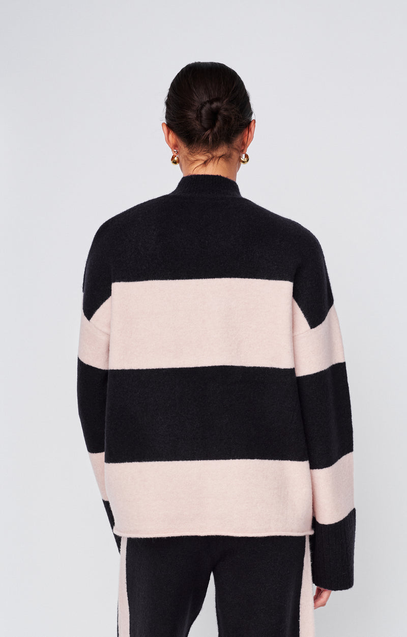 Wide Stripe Mock Neck Sweater in New Navy/Tutu