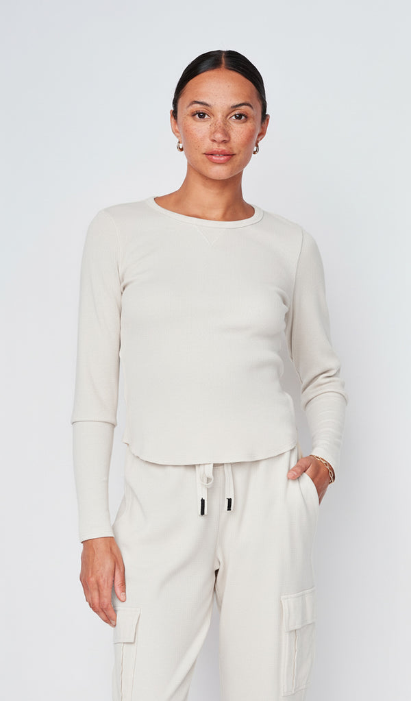 Micro Thermal Raw Hem Pullover in Cream