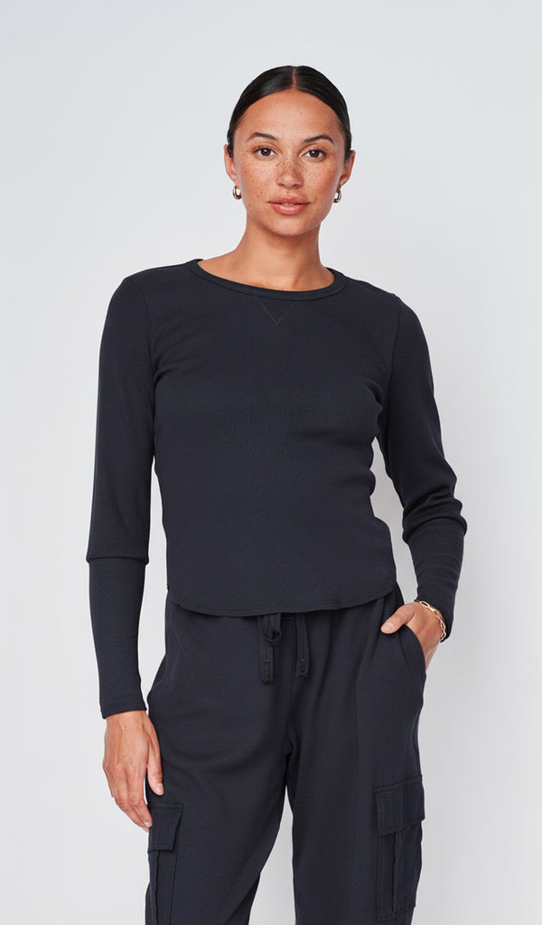 Micro Thermal Raw Hem Pullover in New Navy
