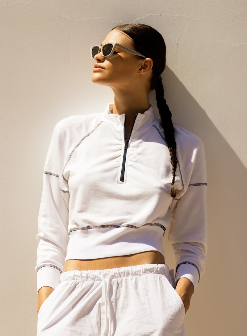Softest Fleece Cropped Half-Zip Pullover with Contrast in White