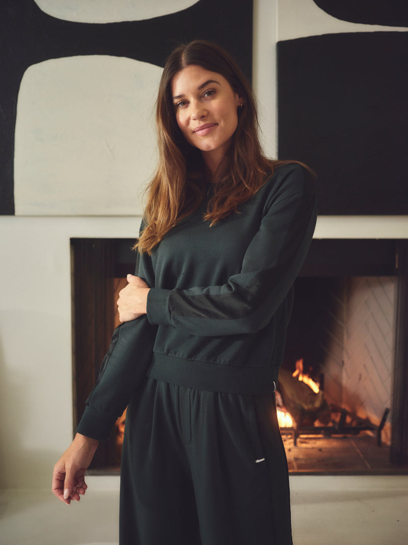 Softest Fleece Satin Trimmed Pullover & Softest Fleece Satin Trimmed Wide Leg Pant in Everfall