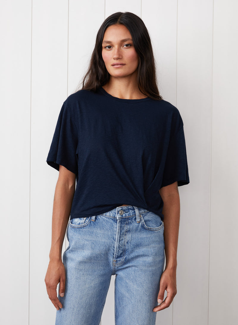 Supima Slub Short Sleeve Twist Cropped Top in New Navy