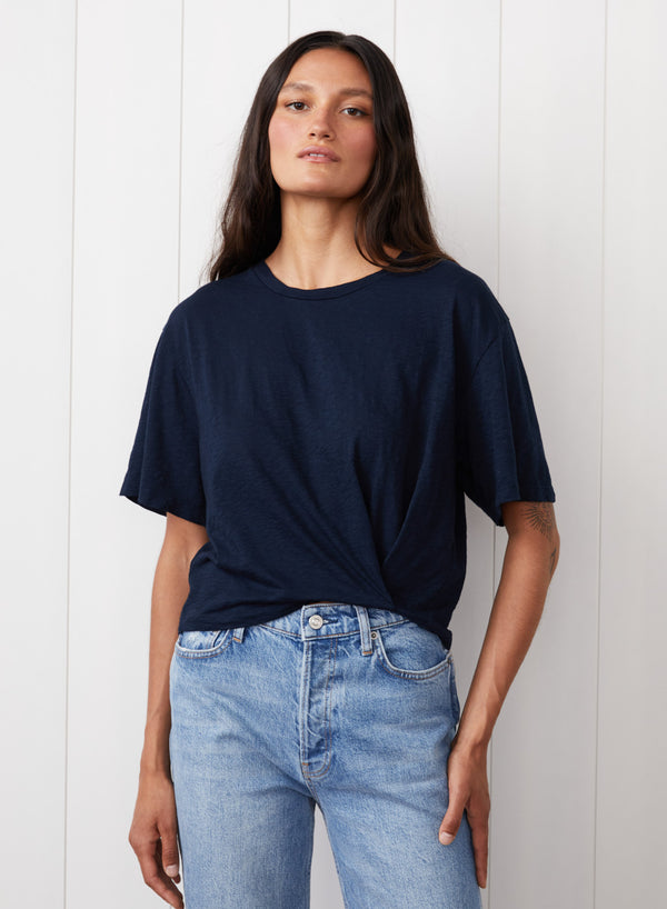 Supima Slub Short Sleeve Twist Cropped Top in New Navy