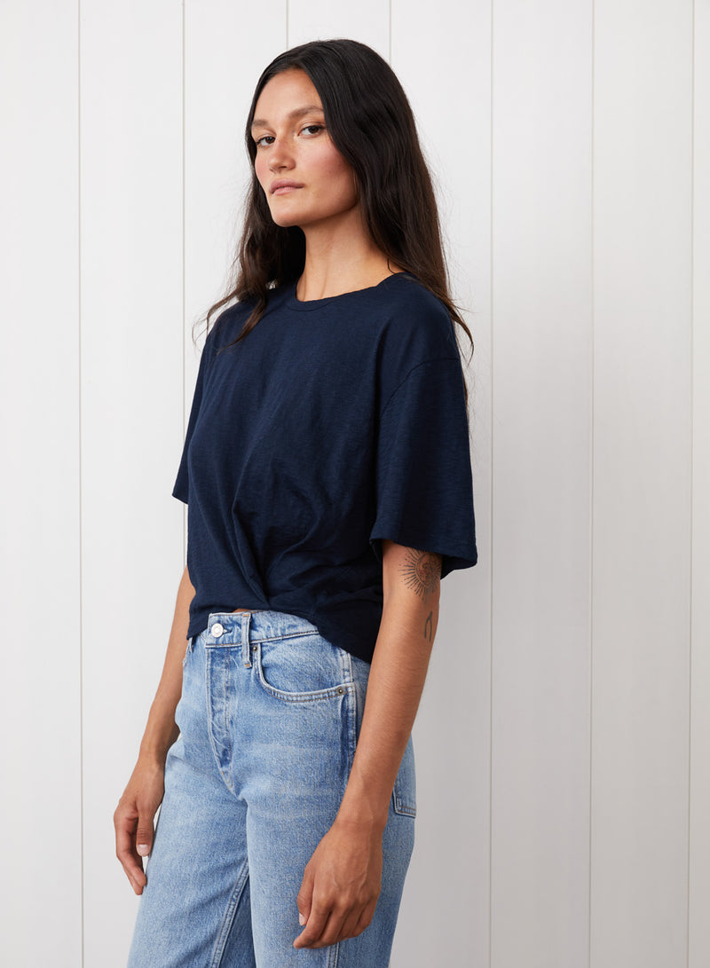 Supima Slub Short Sleeve Twist Cropped Top in New Navy