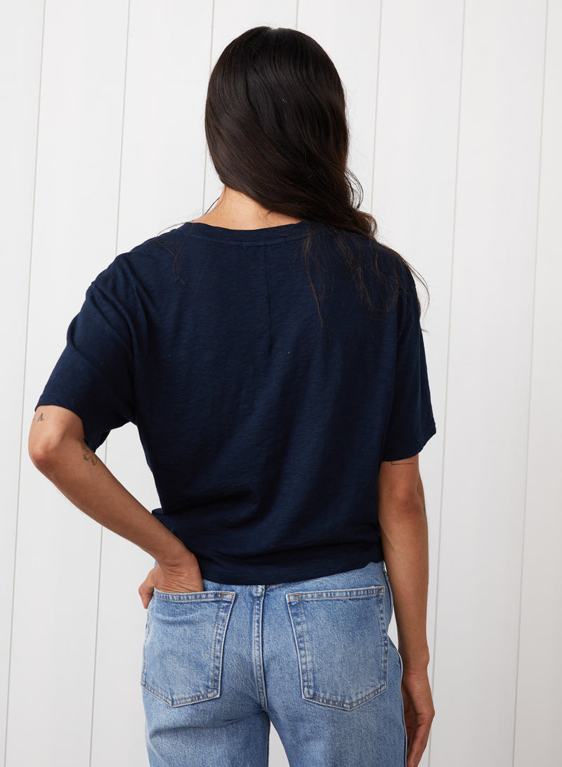 Supima Slub Short Sleeve Twist Cropped Top in New Navy