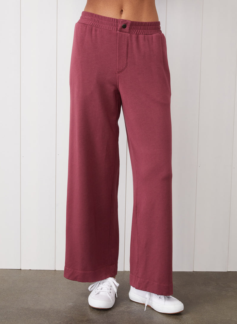 Softest Fleece Snap Wide Leg Pant & Long Sleeve Notch Neck Sweatshirt Set in Academic Red