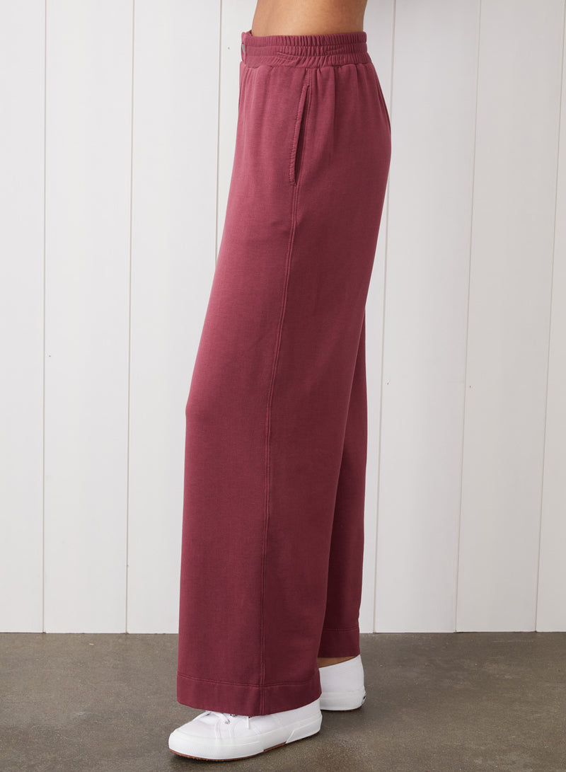 Softest Fleece Snap Wide Leg Pant & Long Sleeve Notch Neck Sweatshirt Set in Academic Red