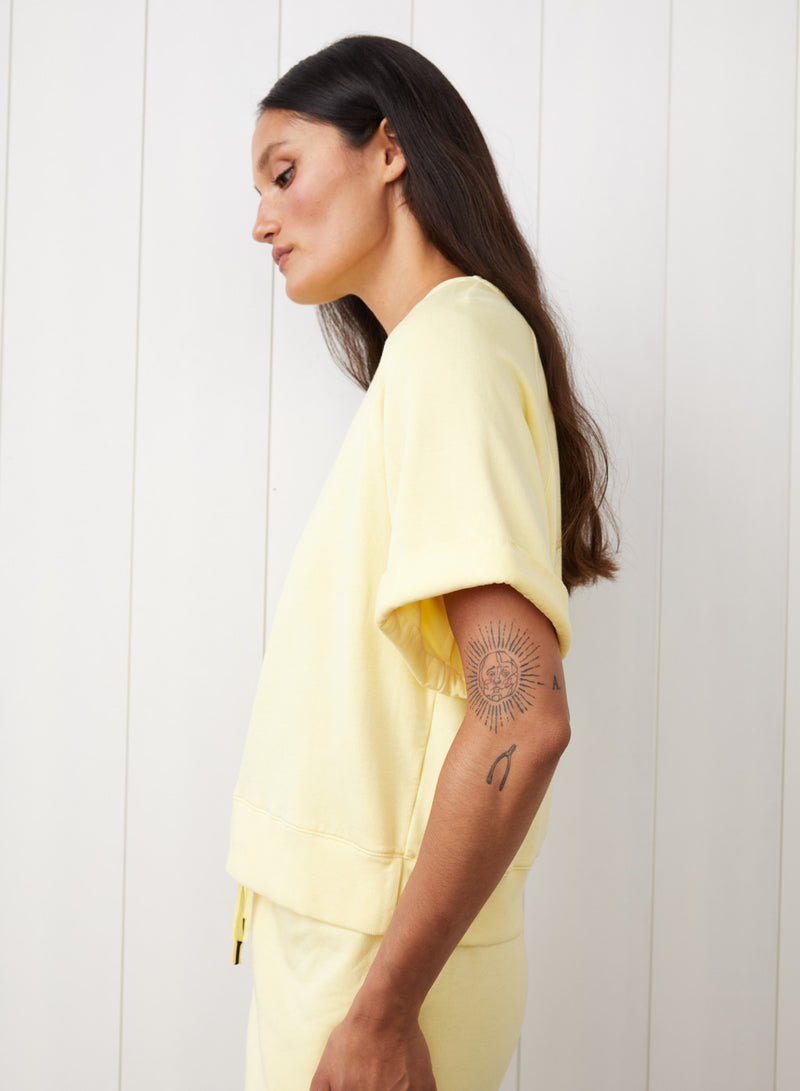 Softest Fleece Short Sleeve Boxy Raglan Sweatshirt & Drawstring Sweatpant Set in Limoncello