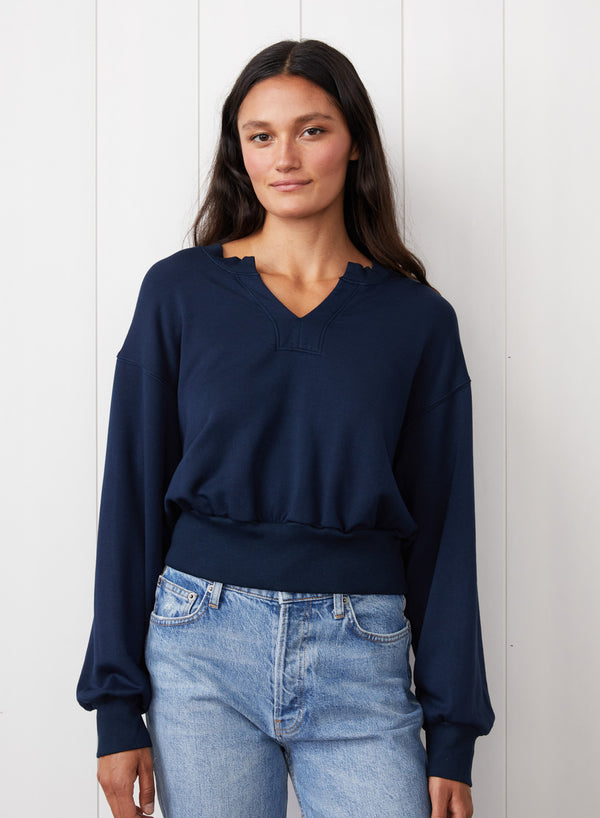 Softest Fleece Long Sleeve Notch Neck Sweatshirt in New Navy