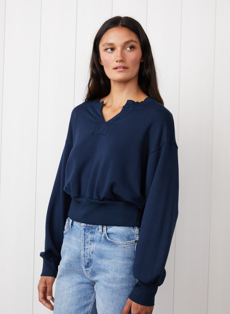 Softest Fleece Long Sleeve Notch Neck Sweatshirt in New Navy