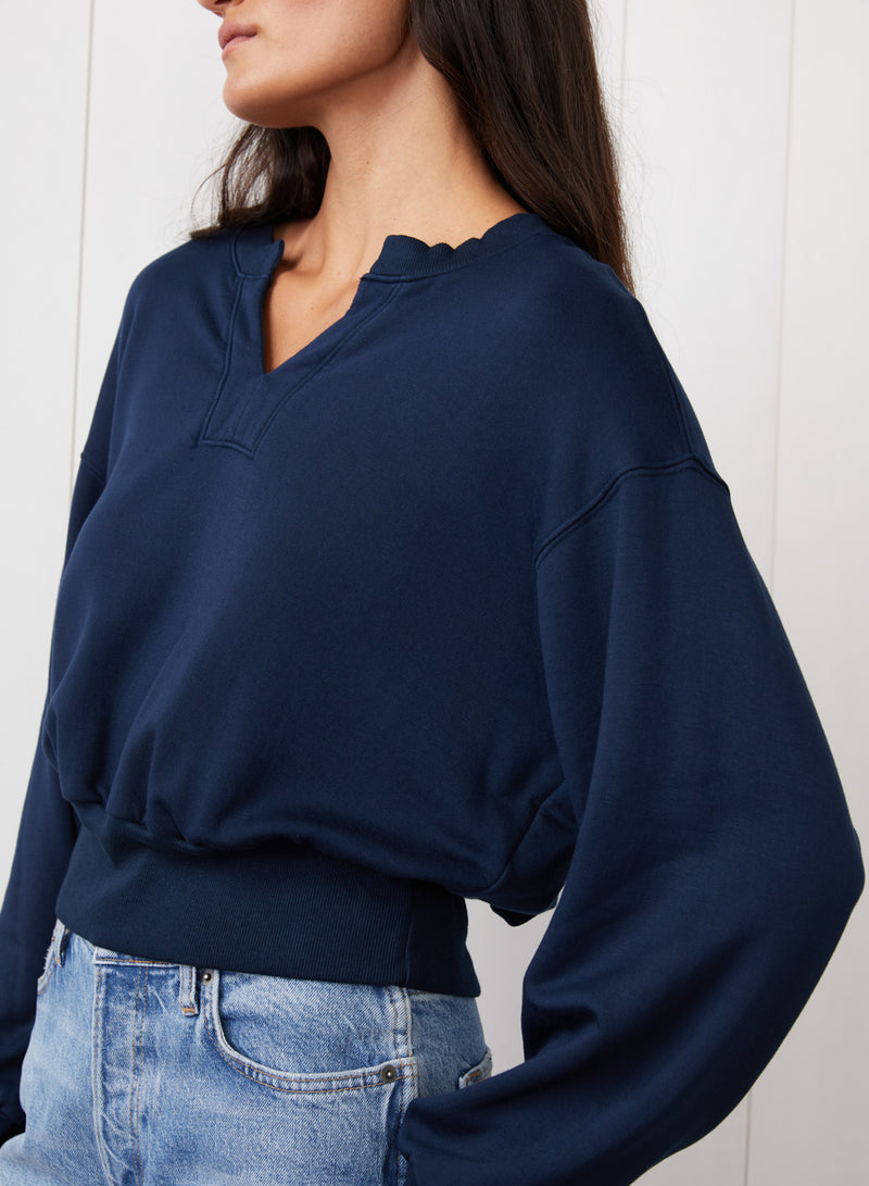 Softest Fleece Long Sleeve Notch Neck Sweatshirt in New Navy