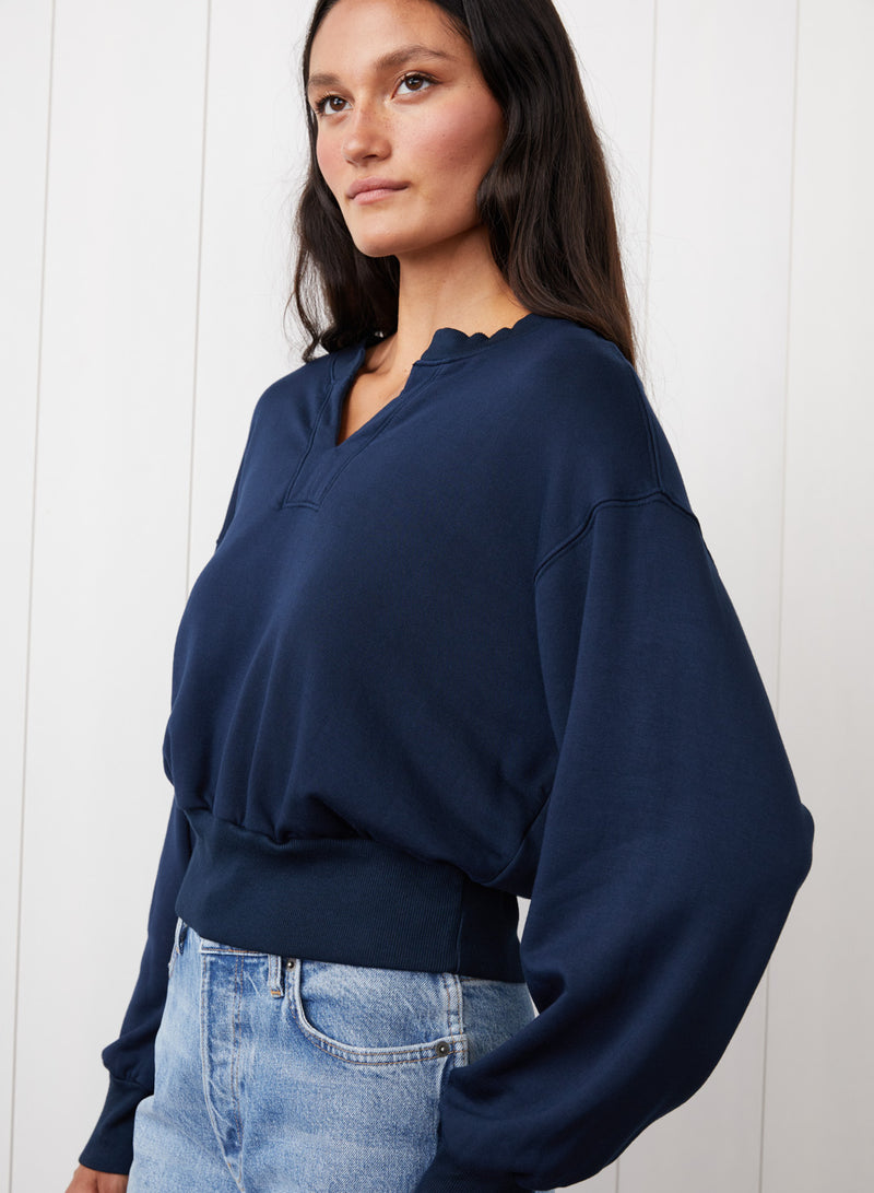 Softest Fleece Long Sleeve Notch Neck Sweatshirt in New Navy