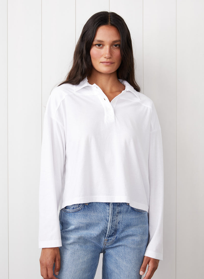 Cloud Jersey Johnny Collar Tee in White - front view